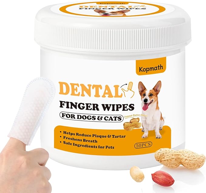 Dental Care Finger Wipes for Dogs &amp; Cats, Reduces Plaque &amp; Tartar Freshens Breath, Pre-Soaked Pet Teeth Wipes, Easy to Use Disposable Oral Cleaning Pads, Peanut Flavor