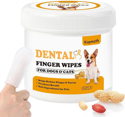 Dental Care Finger Wipes for Dogs &amp; Cats, Reduces Plaque &amp; Tartar Freshens Breath, Pre-Soaked Pet Teeth Wipes, Easy to Use Disposable Oral Cleaning Pads, Peanut Flavor