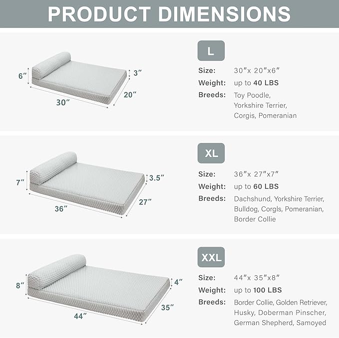 Tinaco Orthopedic Cooling Bed for Large Dogs &amp; Cats - Removable, Washable Cover (White/Grey, Large)