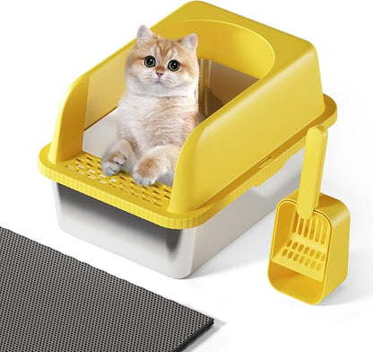 Stainless Steel Cat Litter Box with Lid, 20" L x 14.2" W x11.8 H, Large Cat Litter Box for Multiple Cats with High Sided, No-Leak &amp; Stick, Easy to Clean, Includes Litter Mat &amp; Multi Functional Scoop