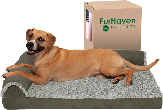 Furhaven Cooling Gel Dog Bed for Large/Medium Dogs w/ Removable Bolsters &amp; Washable Cover, For Dogs Up to 55 lbs - Two-Tone Plush Faux Fur &amp; Suede L Shaped Chaise - Dark Sage, Large