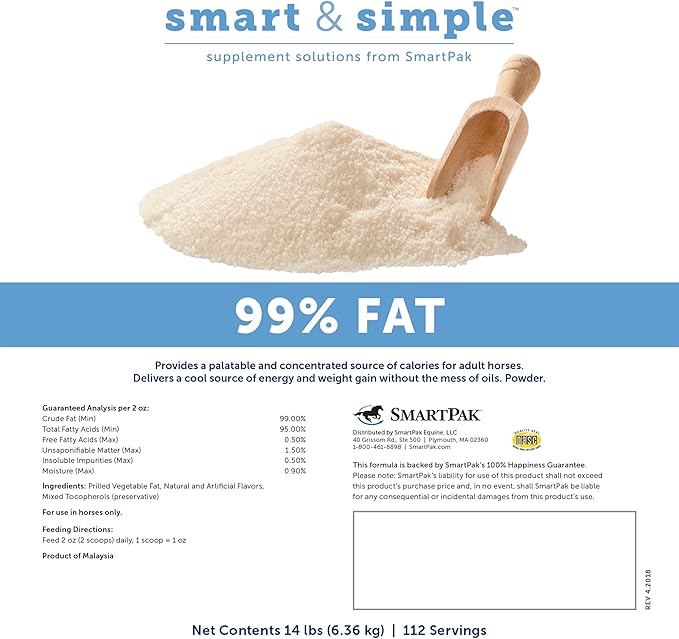 Smart &amp; Simple 99% Fat | Horse Weight Gain Supplement Supports Ideal Body Condition in Horses | Easy to Use &amp; Tasty High Fat Supplement Powder | 112 Servings | 14 lb Bag