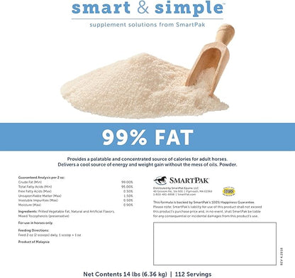 Smart &amp; Simple 99% Fat | Horse Weight Gain Supplement Supports Ideal Body Condition in Horses | Easy to Use &amp; Tasty High Fat Supplement Powder | 112 Servings | 14 lb Bag