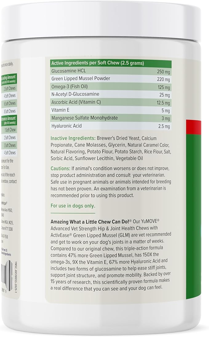 Yumove Hip &amp; Joint Supplement for Dogs with Glucosamine, Hyaluronic Acid, Green Lipped Mussel &amp; Omega 3 Joint Supplement - Regular or Advanced Strength (180ct, Advanced Vet Strength Soft Chews)