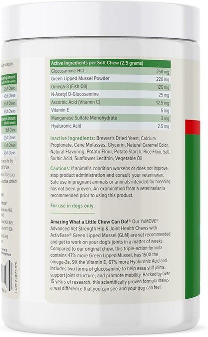 Yumove Hip &amp; Joint Supplement for Dogs with Glucosamine, Hyaluronic Acid, Green Lipped Mussel &amp; Omega 3 Joint Supplement - Regular or Advanced Strength (180ct, Advanced Vet Strength Soft Chews)