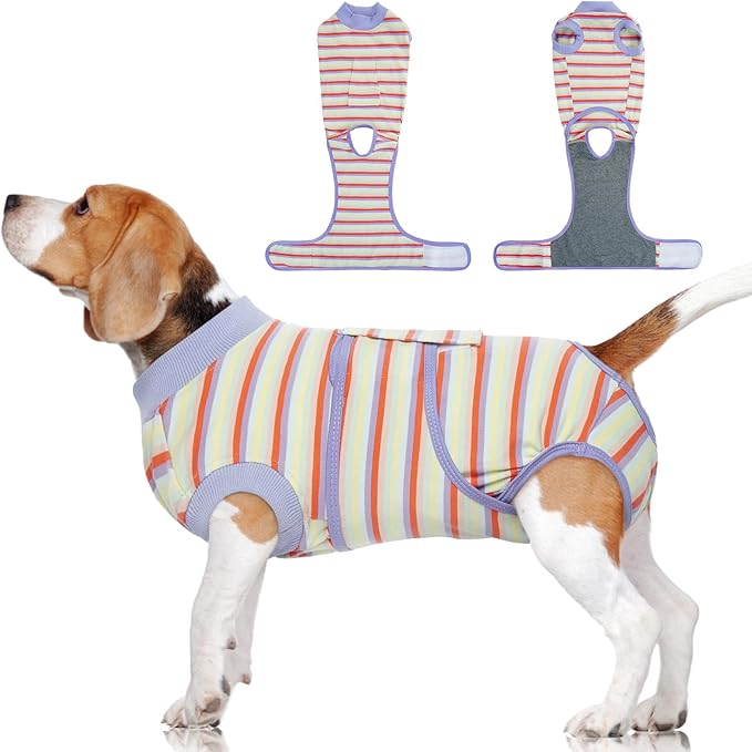 FUAMEY Recovery Suit for Dogs After Surgery,Soft Breathable Dog Bodysuit E-Collar &amp; Cone Alternative Surgical Suit,Male Female Dog Neuter Spay Suits Anti Licking Wounds Onesie Purple Stripes XXL