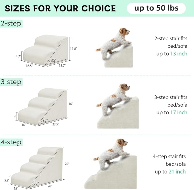 Dog Stairs &amp; Steps for High Beds, 2 Steps High Density Foam Waterproof Dog Ramp for Small Dogs and Cats, Pet Stairs with Washable Cover for Bed, Couch, Sofa and Car, Beige (H: 11.8")