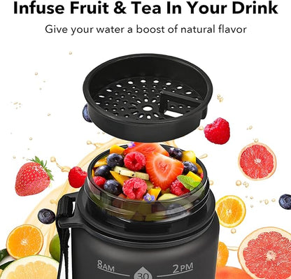 32oz Motivational Water Bottles with Time Marker &amp; Fruit Strainer, Transparent Gradient Color Water Bottle with Times to Drink, Leakproof &amp; BPA Free, Reusable Bottle with Strap (No Straw)