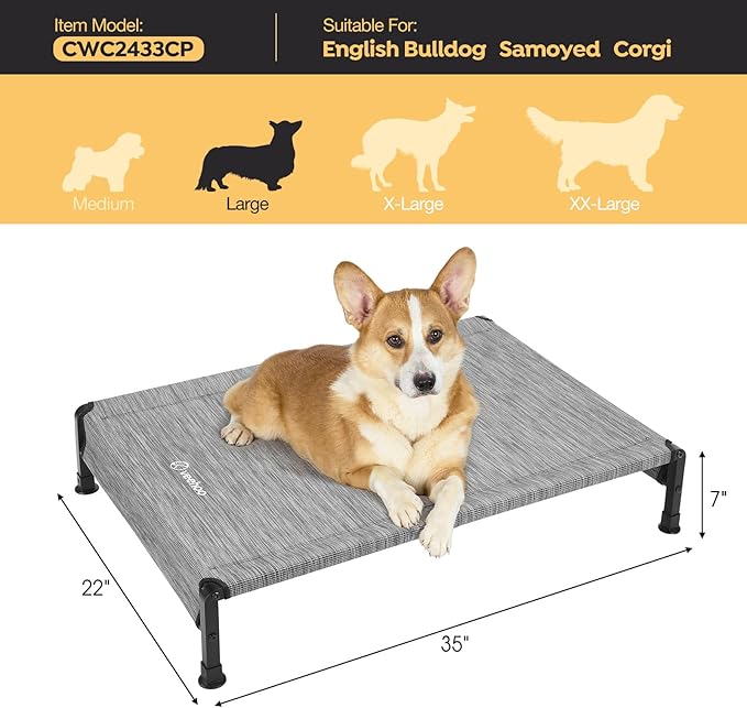 Veehoo Cooling Outdoor Dog Bed, Heavy Duty Elevated Pet Bed with Washable &amp; Breathable Teslin Mesh, Non-Slip Silicon Feet, Dog Cot Bed with Support Hem, 35" x 22", Black Silver, CWC2433