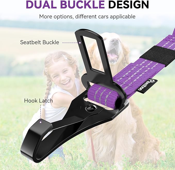 Pawaboo Dog Seatbelt for Car, 3-in-1 Dog Seat Belt Bungee, Shockproof Dogs Tether for Car with Buckle &amp; Hook Latch, Adjustable Reflective Dogs Cars Harness Leash with 360° Lockable Buckle, Purple