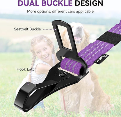 Pawaboo Dog Seatbelt for Car, 3-in-1 Dog Seat Belt Bungee, Shockproof Dogs Tether for Car with Buckle &amp; Hook Latch, Adjustable Reflective Dogs Cars Harness Leash with 360° Lockable Buckle, Purple