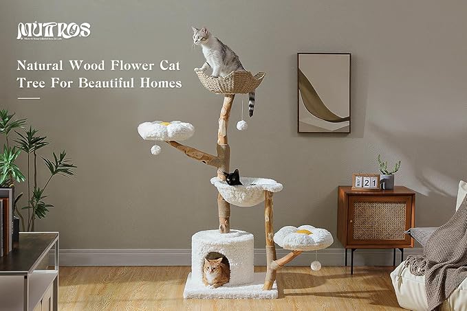 59" Modern Cat Tree Tower for Large Cats w/2 Flower Perches-Natural Solid Wood Scratching Post with Real Branch-Luxury Boho Cat Furniture w/Condo &amp; Wicker Basket Bed, Cloud White