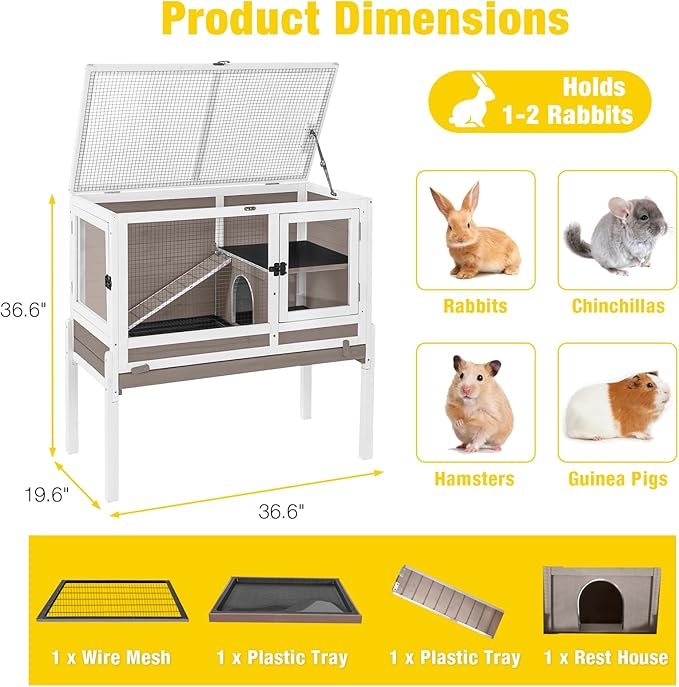 Aivituvin 2-Story Rabbit Hutch with Anti-Chew Ramp &amp; Zinc Sheet - 36.6" Indoor Guinea Pig Cage, Wooden Stand, Pull-Out Tray &amp; Leakproof Floor (Brown)