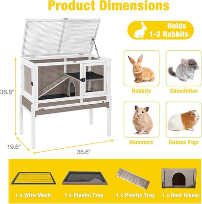 Aivituvin 2-Story Rabbit Hutch with Anti-Chew Ramp &amp; Zinc Sheet - 36.6" Indoor Guinea Pig Cage, Wooden Stand, Pull-Out Tray &amp; Leakproof Floor (Brown)