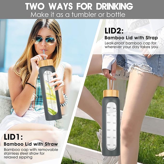 32 oz Glass Water Bottle with Straw - Motivational Time Marker &amp; Silicone Sleeve - Reusable Tumbler Includes 2 Bamboo Lids &amp; Fruit Infuser - 1 Pack