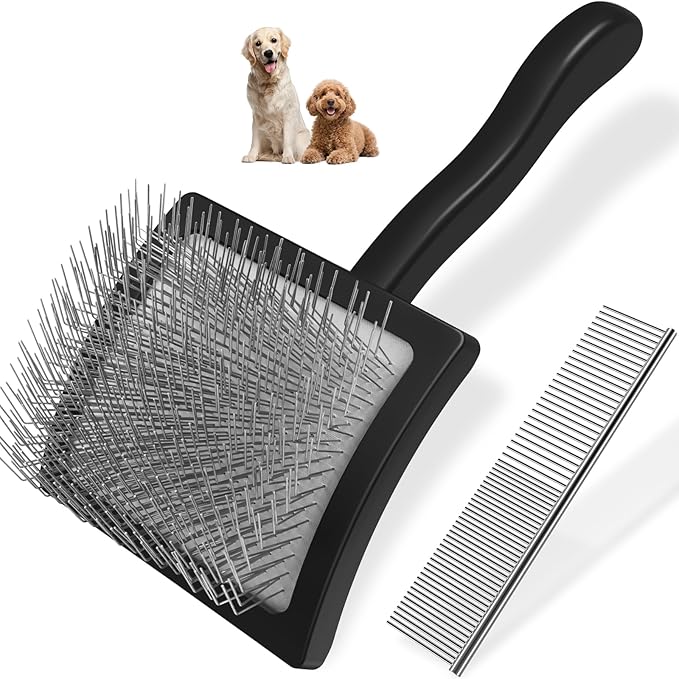 2PCS Slicker Brush for Dogs &amp; Pet Comb,Professional Dog Grooming Brush (Goldendoodles,Poodles,Labradoodles) with Extra Long Pins to Effectively Remove Tangles, Knots and Mats (Black)