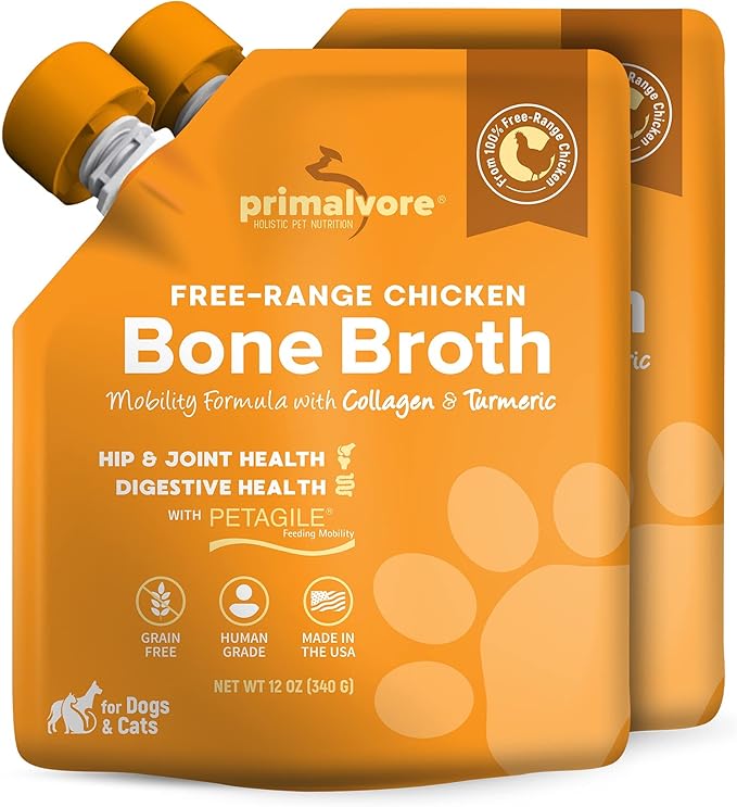 Primalvore Free-Range Bone Broth for Dogs &amp;Cats, Mobility Formula w/Collagen Peptides to Help Support Hip &amp; Joints, Digestion, Skin &amp; Coat and Hydration, Human Grade, Made in USA. Chicken 2 Pack