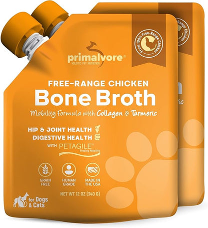 Primalvore Free-Range Bone Broth for Dogs &amp;Cats, Mobility Formula w/Collagen Peptides to Help Support Hip &amp; Joints, Digestion, Skin &amp; Coat and Hydration, Human Grade, Made in USA. Chicken 2 Pack
