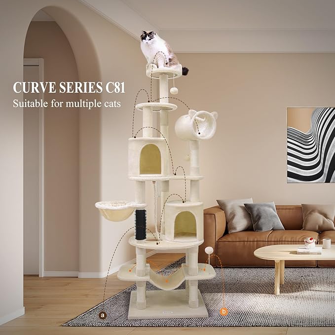 Globlazer Artistic Curved Cat Tower for Small Cats (Under 12 lbs), 81-inch Slim Design Cat Tree with Space-Saving Design, Indoor Cat Condo with Hammock &amp; Tunnel, C81, Beige, Non-Large Cats