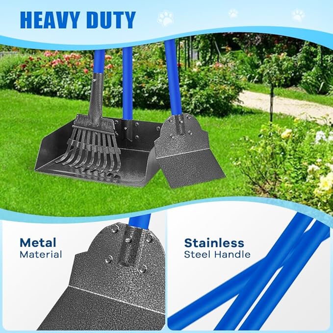 Larger Pooper Scooper Dog Pooper Scooper for Large Medium Small Dogs Heavy Duty Stainless Steel No Bending with Rake &amp; Shovel &amp; Extra Large Tray for Yard