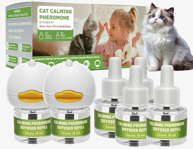 Calming Diffuser Kit for Cat, Cat Pheromone Calming Diffuser Starter Helps Ruduce Anxious, Anti-Stress &amp; Comforts Cats (2 Diffuser + 6 Refills)
