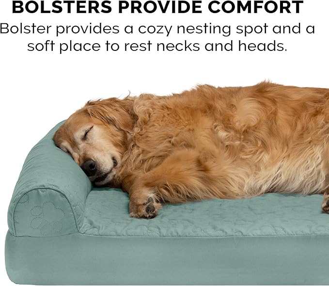 Furhaven Cooling Gel Dog Bed for Medium/Small Dogs w/ Removable Bolsters &amp; Washable Cover, For Dogs Up to 35 lbs - Pinsonic Quilted Paw L Shaped Chaise - Iceberg Green, Medium