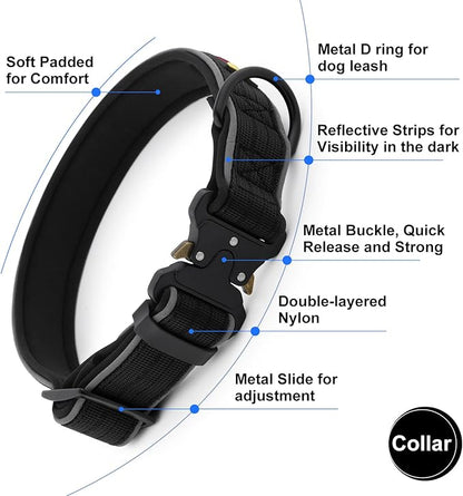 Plutus Pet Tactical Dog Collar, Reflective, Adjustable Heavy Duty Dog Collar, Soft Padded and Comfortable, for Small Medium and Large Dogs (Black, L)