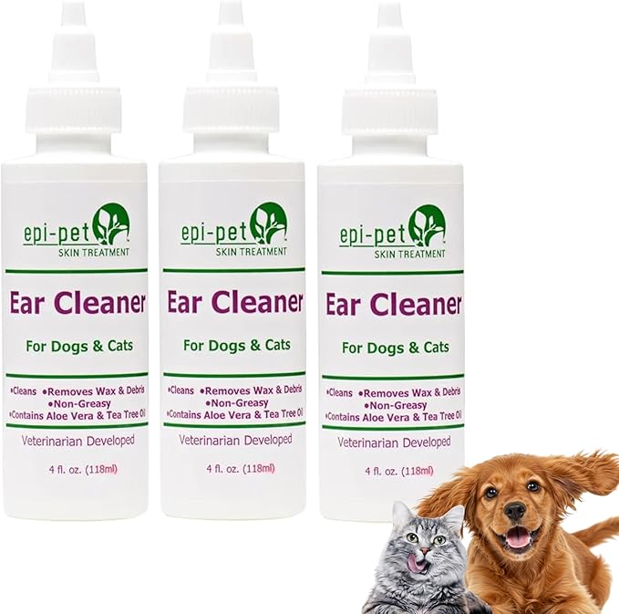 Dog &amp; Cat Ear Cleaner Solution with Aloe Vera &amp; Tea Tree Oil – Removes Itchy Ear Wax, Debris, Odor – Ears Wash, Drops &amp; Flush for Pets, Dog Ears Cleaning, Cat Cleaner (4 oz- Pack of 3)