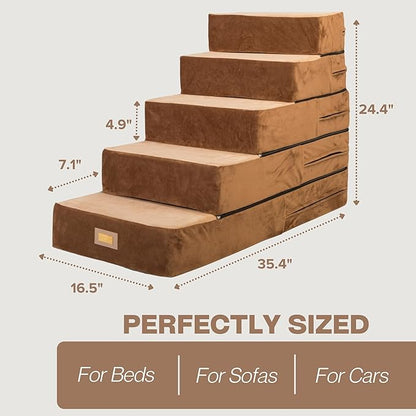 All-in-One Adjustable Dog Stairs – 5-Step Premium Pet Ramp for Small to Large Dogs – Sturdy, Non-Slip &amp; Versatile for Beds, Sofas &amp; More - Soft Cover, Modern Design (Brown)
