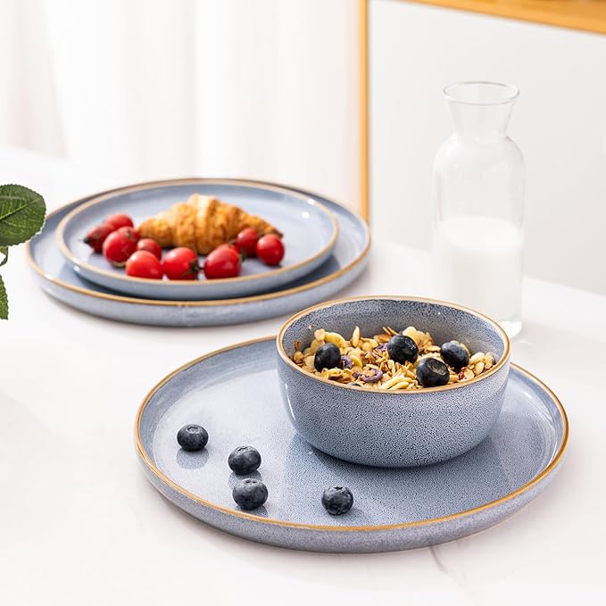 GBHOME Ceramic Dinnerware Sets for 8, 24 Pieces Stoneware Plates and Bowls Sets, Scratch Resistant Dishes, Dishwasher &amp; Microwave Safe, Reactive Glaze-Brunnera Blue