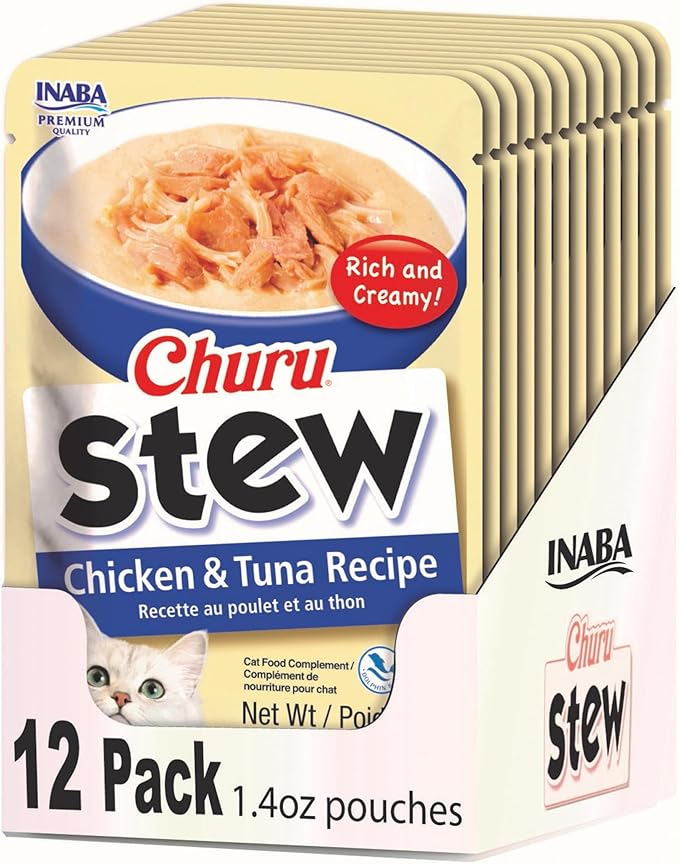 INABA Churu Stew for Cats, Side Dish Pouch with Vitamin E, 1.4 Ounces per Pouch, 12 Pouches, Chicken &amp; Tuna Recipe
