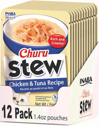 INABA Churu Stew for Cats, Side Dish Pouch with Vitamin E, 1.4 Ounces per Pouch, 12 Pouches, Chicken &amp; Tuna Recipe