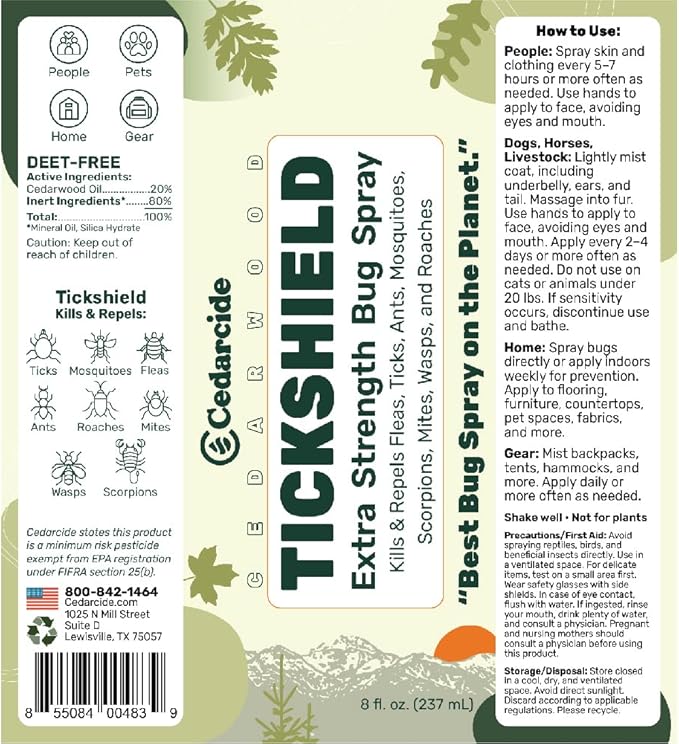 Cedarcide Extra- Strength Tickshield | Deep Woods Cedar Oil Tick &amp; Mosquito Repellent Spray Kills &amp; Repels Ticks, Fleas, Chiggers and Mosquitoes| For People &amp; Pets | Natural Essential Oils | 4 Oz