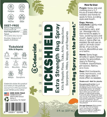 Cedarcide Extra- Strength Tickshield | Deep Woods Cedar Oil Tick &amp; Mosquito Repellent Spray Kills &amp; Repels Ticks, Fleas, Chiggers and Mosquitoes| For People &amp; Pets | Natural Essential Oils | 4 Oz