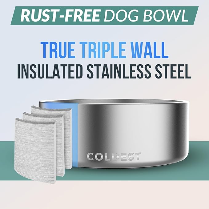 Coldest Dog Bowl - Anti Rust Metal, Non Slip, 3 Layers Insulated Stainless Steel Dog Bowls - Spill Proof &amp; Heavy Duty - Water Bowl for Dogs, Cats, Dish Washer Safe (64 oz, Polished Stainless Steel)