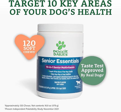Doggie Dailies Senior Essentials Multivitamin for Dogs Soft Chews | Advanced Dog Multivitamin | Nutritional Support for Joints, Skin &amp; Coat, Digestion, and the Immune System | Bacon Flavor | 120 Count