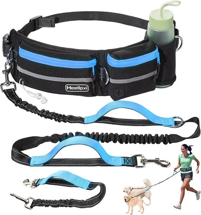 Hands-Free Waist Leash with Pouch for Two Dogs,Reflective Stitching, Dual Handle &amp; Bungee Retractable Design – Ideal for Medium to Large Dogs (Blue) – Dog Walking Accessories