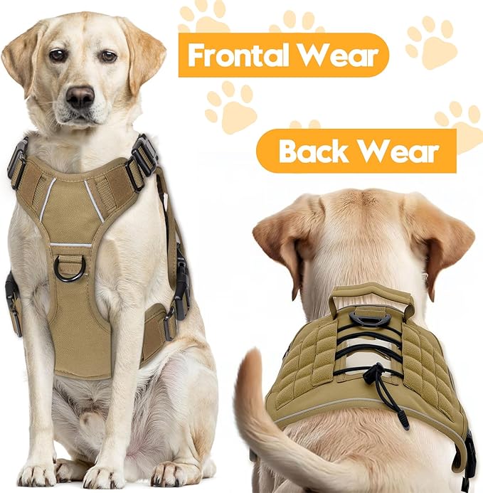 Heavy-Duty Tactical Dog Harness for Large Dogs, No Pull Adjustable Reflective Pet Vest with Molle System, K9 Military-Grade Control for Service Training, Outdoor &amp; 10+ Breeds, Khaki, XX-Large