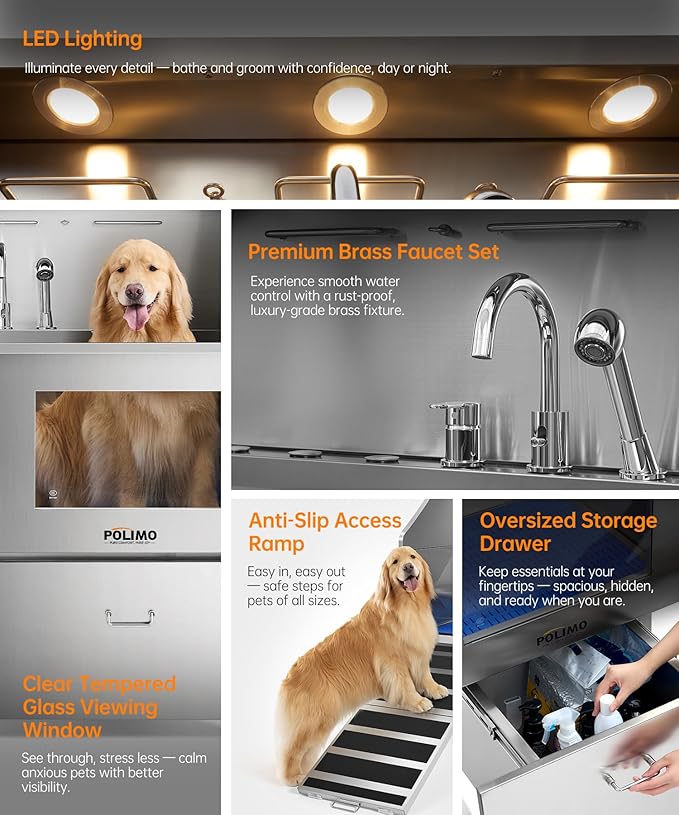 polimo Dog Washing Station, LED Professional Stainless Steel Dog Bathing Station 61", Dog Grooming Tub for Large, Medium &amp; Small Dog - with Window, Ramp, Drawer, Floor Grate &amp; Faucet (Left RAMP, 61")