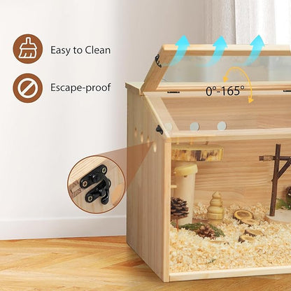 COZIWOW Wooden Hamster Cage, Large Hamster Habitats Enclosure with Acrylic Window &amp; Openable Top, (32" L x 16" W x 16" H) Small Animal Cage for Guinea Pig, Chinchilla, Gerbil