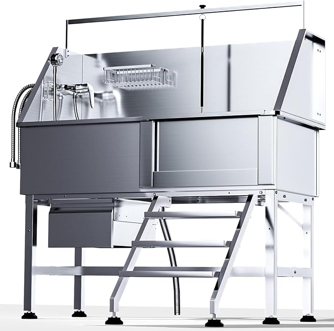 Professional 46" Dog Washing Station, Stainless Steel Dog Bathing Station, Height Adjustable Dog Wash Station, Storage Drawer, Upgrade Parts, Home, Commercial (Right Step)