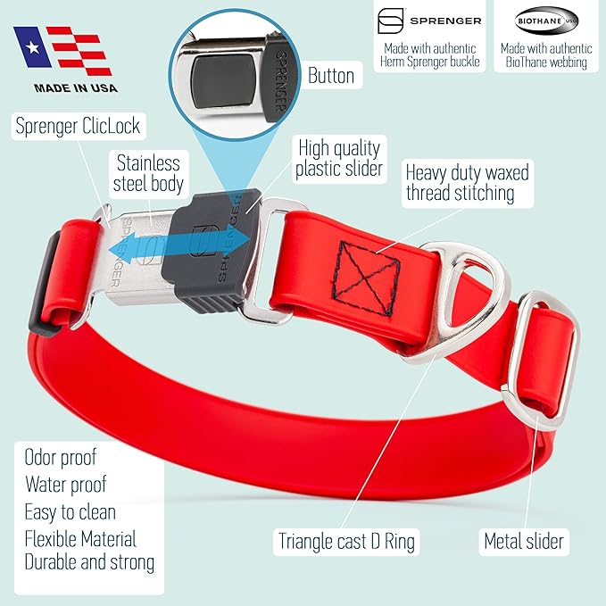 Dogline Biothane Waterproof Dog Collar with Herm Sprenger Black Stainless Steel Quick Release Buckle – Heavy Duty Tactical Durable Collar for Dogs – Comfortable and Safe Pet Collar W 3/4" L 12-19" Red