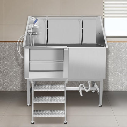 50" Pet Dog Bathing Station W/Ramp, Professional Stainless Steel Dog Grooming Tub W/Storage Drawer, Floor Grate, Faucet, Dog Bathtub For Large,Medium, Small Pets, Washing Sink For Home (50"Left ramp)