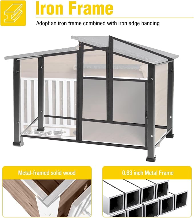 Chew-Resistant Dog House with Metal Frame, Wooden Kennel for Indoor &amp; Outdoor Use, Waterproof Roof &amp; Feeding Bowls Included (Brown, L)