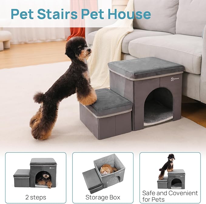 Foldable Pet Stairs for Beds &amp; Sofas - Non-Slip Dog Steps with Storage for Small to Medium Dogs &amp; Cats, Supports up to 120 lbs - Durable 2 &amp; 3-Step Doggie Ladder for Easy Access