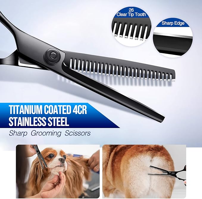 Gimars Dog Grooming Scissors Kit Professional 4CR with Safety Round Tip, 5 in 1 Heavy Duty Titanium Coated Thinning &amp; Curved &amp; Straight Shears