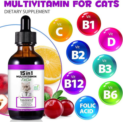 Cat Multivitamin,15 in 1 Cat Vitamins Liquid Drops Supplements for Heart Health, Bones, Joint, Skin &amp; Coat, Bladder, Immune System Support 60ml