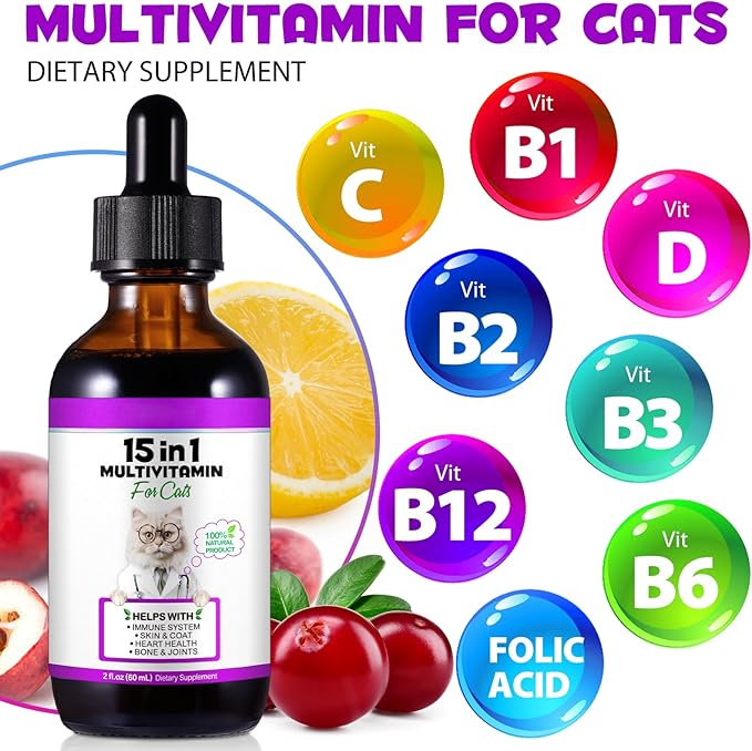 Cat Multivitamin,15 in 1 Cat Vitamins Liquid Drops Supplements for Heart Health, Bones, Joint, Skin &amp; Coat, Bladder, Immune System Support 60ml-2pcs
