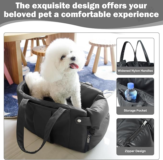 2 and 1 Center Console Dog Car Seat &amp; Carrier for Small Dogs, Large Leather Dog Car Bed with Storage Pocket, Waterproof PVC Leather Seat Travel Bed for Front &amp; Back Seat, Clip-On Safety Leash