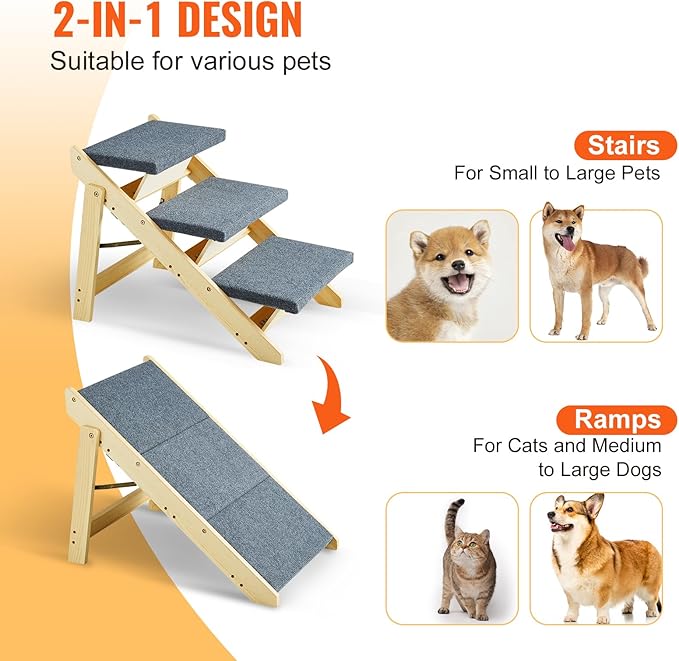 VEVOR Wood Pet Stairs/Pet Steps, 2-in-1 Foldable Wooden Dog Stair for Beds, Sofa and Cars, Dog Stairs &amp; Ramp with 3 Steps for Small Medium Large Pet, up to 150 lbs